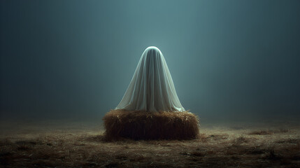 Ghostly veil floating above haystack, low-key rim light dramatic tone, telephoto lens blur, analogous muted palette, asymmetry placement, smooth fabric textures, eerie Halloween wallpaper stock