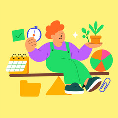 Work Life Balance Vector Illustration, Cartoon Character with Time Management and Plant, Flat Design EPS
