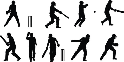 Collection of ten black silhouette cricket players and stumps on white background sport game