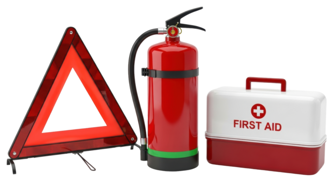 Isolated emergency road kit including warning triangle, fire extinguisher, first aid kit