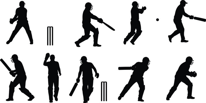 Collection of ten black silhouette cricket players and stumps on white background sport game