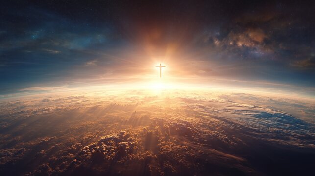 Sunrise behind a cross illuminating clouds with a sense of hope and spirituality