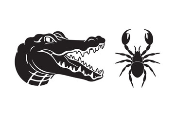 Black silhouette of alligator head and scorpion