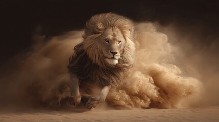 Majestic lion running through a desert cloud of dust during golden hour sunlight