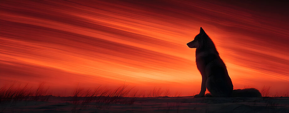 Gothic wolf silhouette against aurora-lit red sky, long exposure star trails with HDR highlights, dramatic diagonal composition - Powered by Adobe