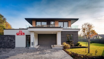a modern two story house with a flat roof is for sale with a sign indicating its availability