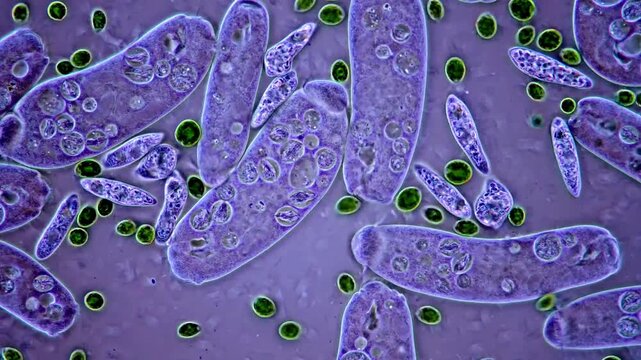 Movement of protozoa and algae under microscope, euglena microorganism 