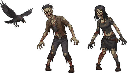 Creepy cartoon zombies, scary undead man and woman, spooky crow illustration, horror monster artwork, Halloween walking dead design, terrifying vector characters