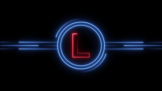 L dynamic red color animation featuring a glowing neon 'L' symbol, encircled by a vibrant  royal blue circle. The animation has a modern, energetic feel creative projects royal blue line on black back