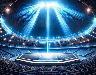 illuminated stage and arena a futuristic octagon stage is lit up by spotlights in a stadium