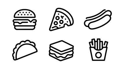 Vector art of fast food icons featuring burger, pizza, hot dog, taco, sandwich, and french fries in a simple, clean design