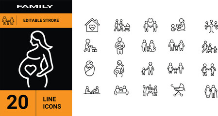Family Icons Set Pregnancy, Newborn, Parents, Children, Love, Home and Generations - 20 Line Graphics