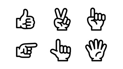 Fototapeta premium Vector Illustration of hand gestures, including thumbs up, peace sign, pointing, and open palm in black outline