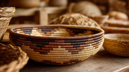 Obraz premium Handcrafted woven baskets with traditional patterns displayed on rustic wooden table in artisan workshop 