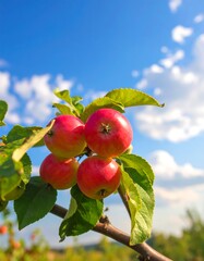 Fresh apples on a branch against a bright blue sky