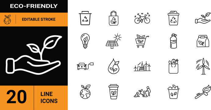 Eco-Friendly Outline Icons Sustainable Living, Recycling, Renewable Energy, and Green Transportation for a Healthier Planet - Powered by Adobe