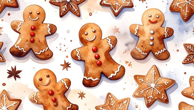 Festive gingerbread cookies pattern on watercolor background