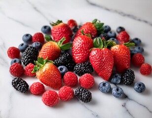 fresh mixed berries on a white marble background in a studio with soft natural light nutrition colorful