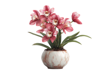 Elegant pink cymbidium orchid in ceramic pot on transparent background