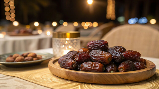 Dates in wooden plate on white surface in Arabian Night Background