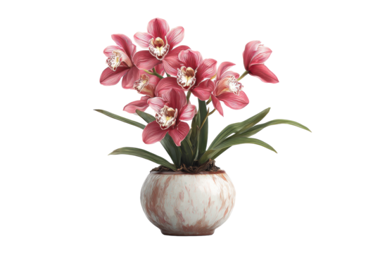 Elegant pink cymbidium orchid in ceramic pot on transparent background