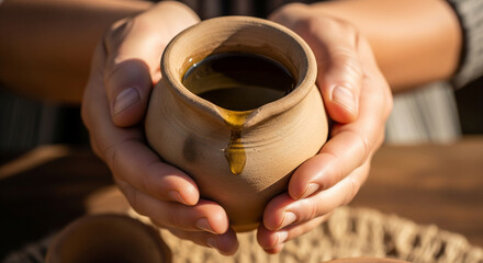 Handcrafted clay pot with honey held gently, showcasing warmth and tradition