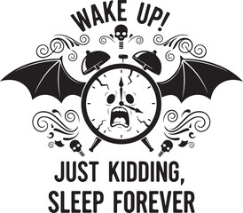 Spooky alarm clock with bat wings and skull a playful silhouette on transparent background