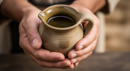 person holds clay jug filled with liquid, showcasing craftsmanship and warmth