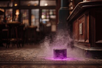 Dark pub interior, mysterious cube, purple glow