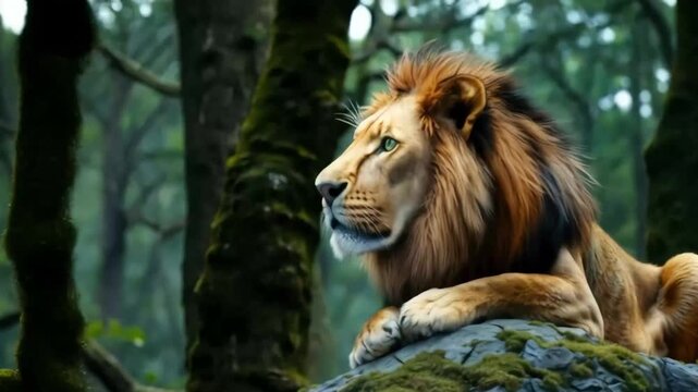 Close-up of Majestic Male Lion Resting and Gazing Calmly in the Green Forest