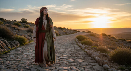 woman in flowing dress walks along scenic path at sunset, radiating tranquility