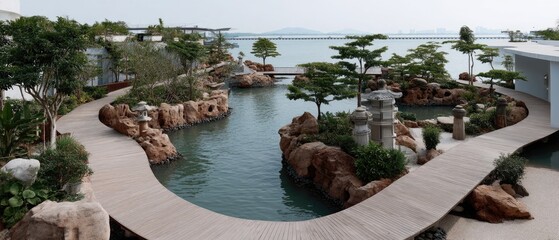 Tranquil landscape with wooden pathways and serene water features in a coastal garden setting