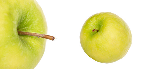 Green juicy apples isolated on white background, close-up.