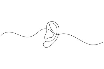 Obraz premium Minimalist continuous one line drawing of a human ear with sound waves, symbol of hearing, listening, and communication