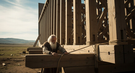 elderly man works diligently on wooden structure in serene landscape