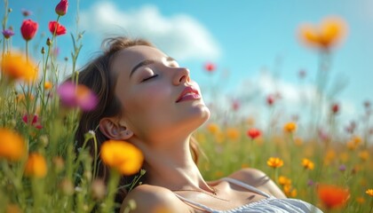 Young woman naps peacefully in vibrant wildflower meadow on sunny summer day. Gentle breeze rustles colourful blossoms under blue sky. Pure relaxation and natural beauty.