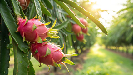 Dragon fruit on the tree in the garden with morning light, healthy fruit