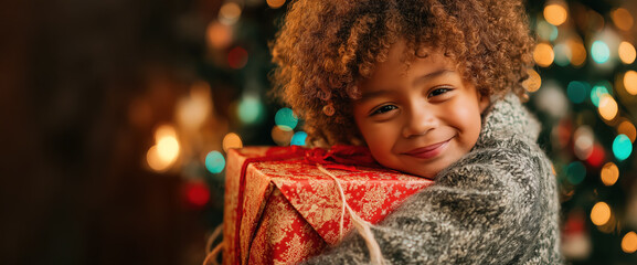 smiling child with curly hair,  hugging a wrapped christmas present, with festive tree lights in background, copy space for text 