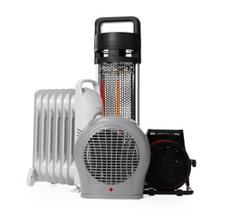 Different modern electric heaters isolated on white