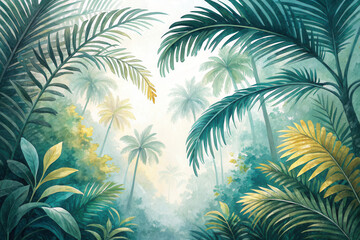 Lush tropical jungle watercolor painting with vibrant palm trees and foliage
