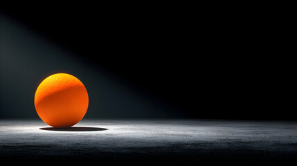 Minimal glowing pumpkin orb, spotlight isolation on matte black, negative space dominance, rule of thirds alignment, smooth glass texture, high commercial elegance