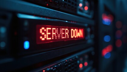 Server rack with red digital display showing SERVER DOWN message. Blinking blue and red lights indicate system failure. Computer hardware is in dark data center.