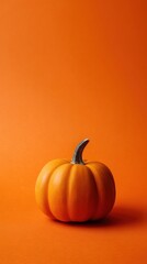 A vibrant orange pumpkin with a silver stem sits against a matching orange background, creating a bold and festive visual.