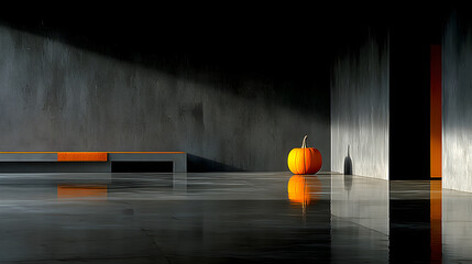 Minimal pumpkin on glossy floor reflection, low-key rim lighting drama, negative space dominance, monochrome palette with orange highlight, architectural modern minimalism