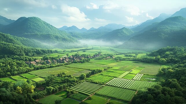 Landscape showcases terraced green fields and forests within a valley surrounded by distant mountains under a cloudy sky. - Powered by Adobe