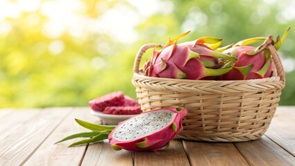 Delicious dragon fruits in a basket on a wooden table with a blurred background