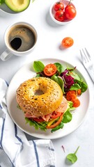 Fresh bagel sandwich with coffee and salad