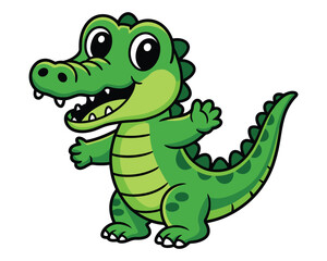 Smiling green cartoon alligator vector with big eyes and happy grin, perfect for kids fun adventure illustrations