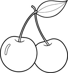 Simple line art drawing of two cherries joined by a stem with single leaf outline sketch for coloring or design