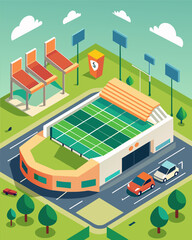 A soccer stadium with a large parking lot equipped with solarpowered charging stations encouraging fans to take environmentallyfriendly transportation to the game.. Vector illustration